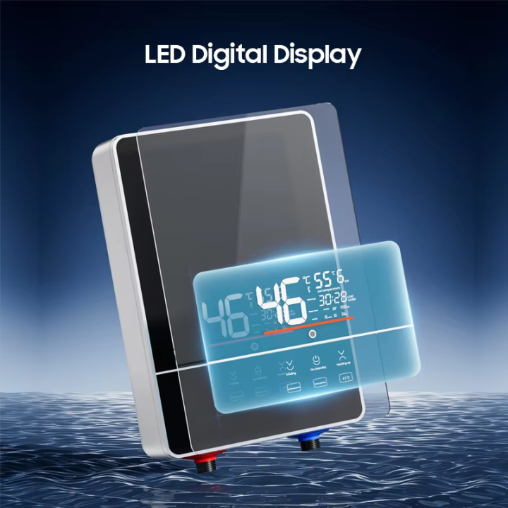 Chauffe-eau électrique instantané de 6 kW avec affichage LED, élément chauffant en acier inoxydable, boîtier en plastique, étanc