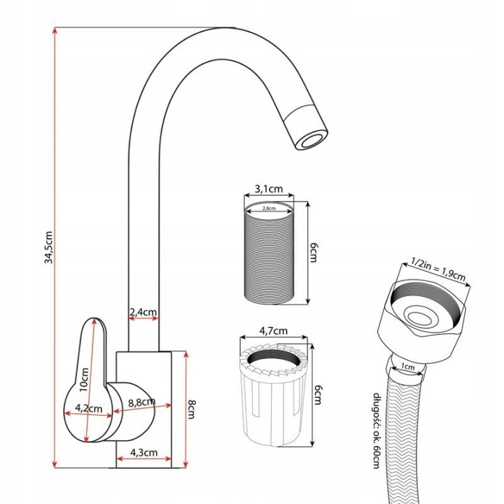 Robinet de cuisine haut à bec pivotant pour lavabo classique