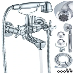 Ensemble de douche mural, robinet + douchette, flexible, chrome rétro