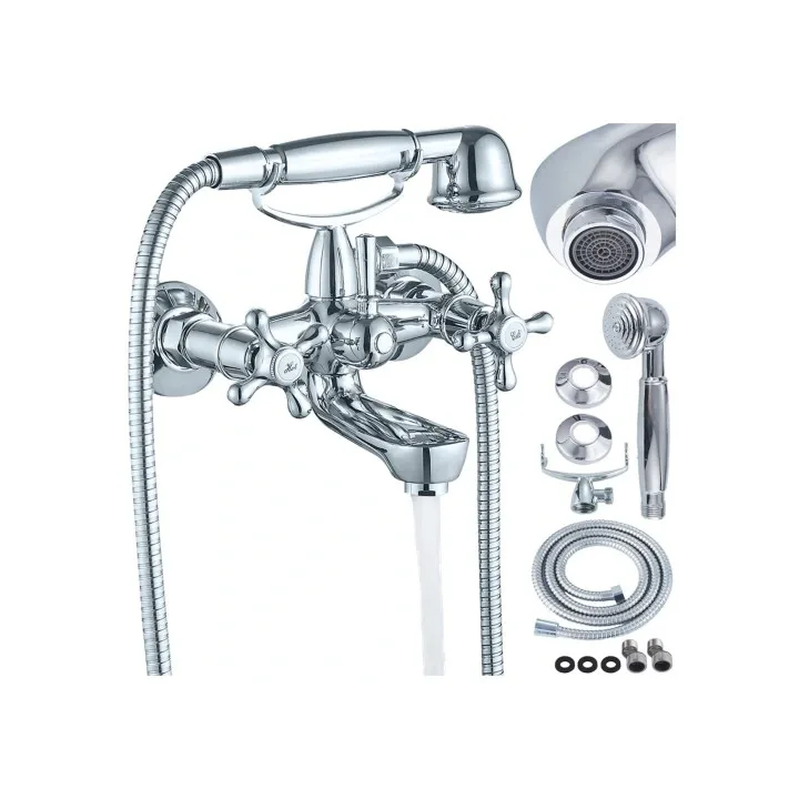 Ensemble de douche mural, robinet + douchette, flexible, chrome rétro