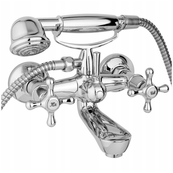 Ensemble de douche mural, robinet + douchette, flexible, chrome rétro