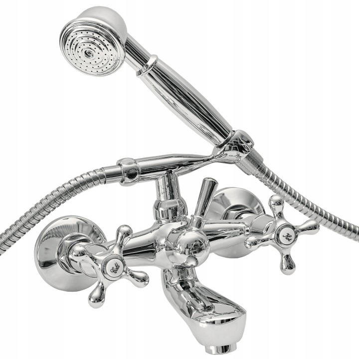 Ensemble de douche mural, robinet + douchette, flexible, chrome rétro