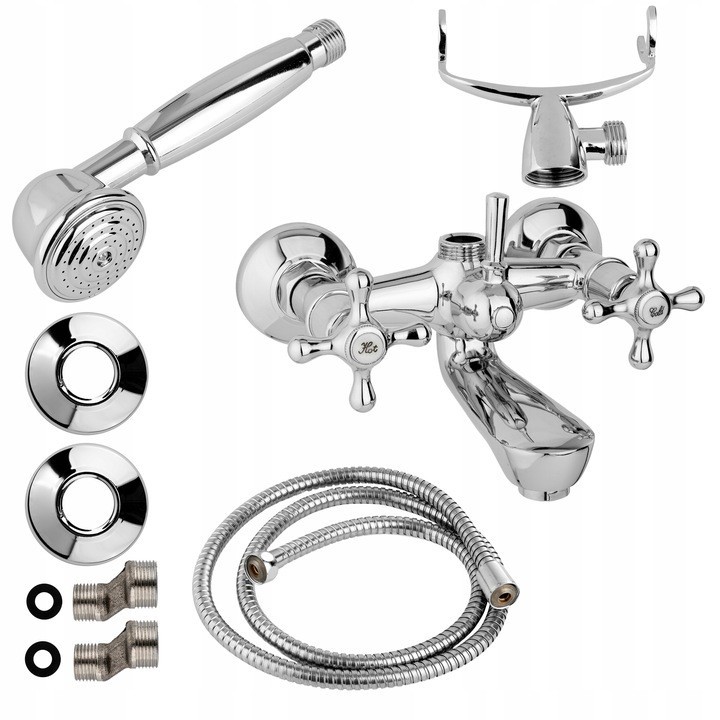 Ensemble de douche mural, robinet + douchette, flexible, chrome rétro