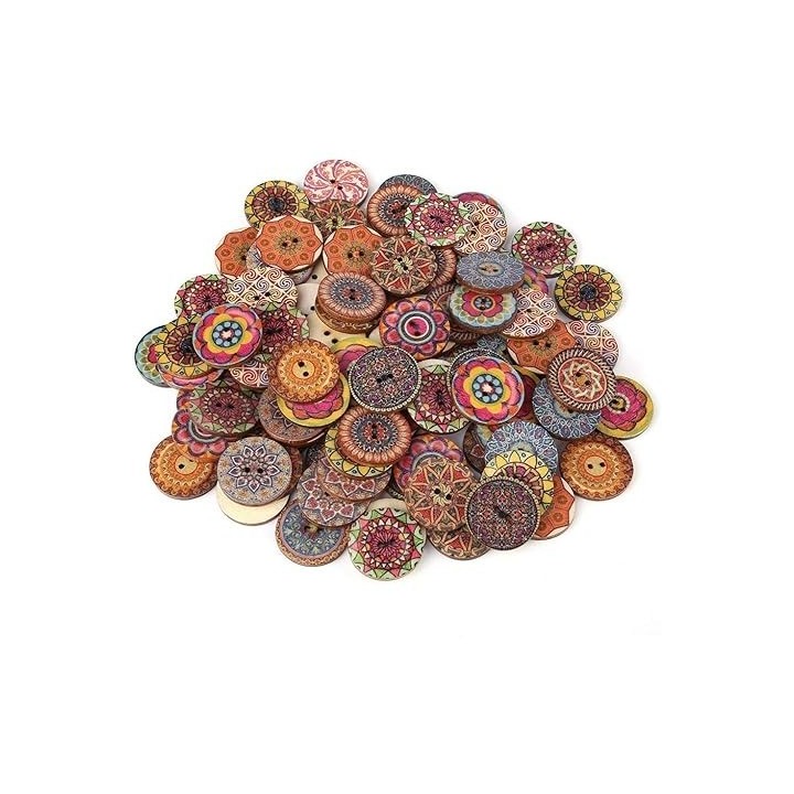 Lot de 100 boutons en bois pour travaux manuels, assortiment de boutons ronds vintage en forme de fleurs en bois pour couture, l