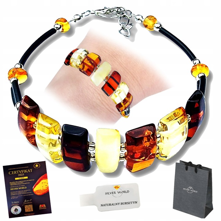 Bracelet en argent avec ambre, idéal comme cadeau. Acier plaqué argent + cadeau offert.