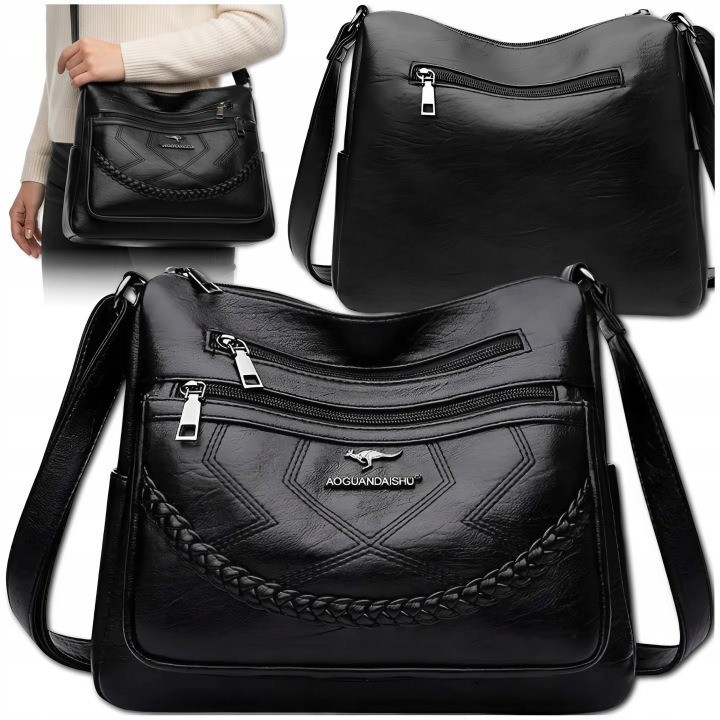 SAC À BANDOULIÈRE EN CUIR NOIR POUR FEMME, SAC ÉLÉGANT ET SPACIEUX