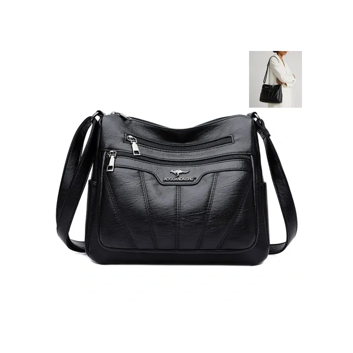 SAC À BANDOULIÈRE EN CUIR NOIR POUR FEMME, SAC ÉLÉGANT ET SPACIEUX