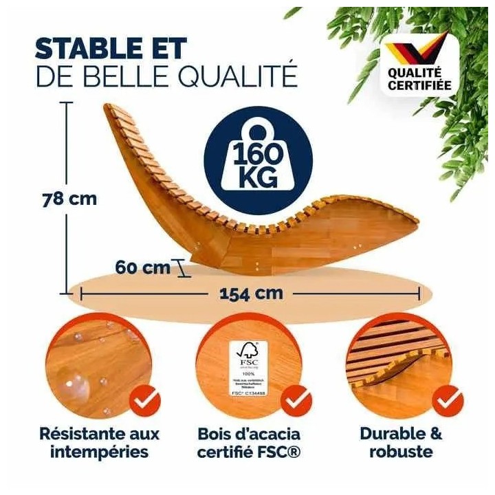 Set de 2x Chaise Longue CASARIA® à Bascule pliable en Bois d'acacia certifié FSC Transat Ergonomique Bain de Soleil