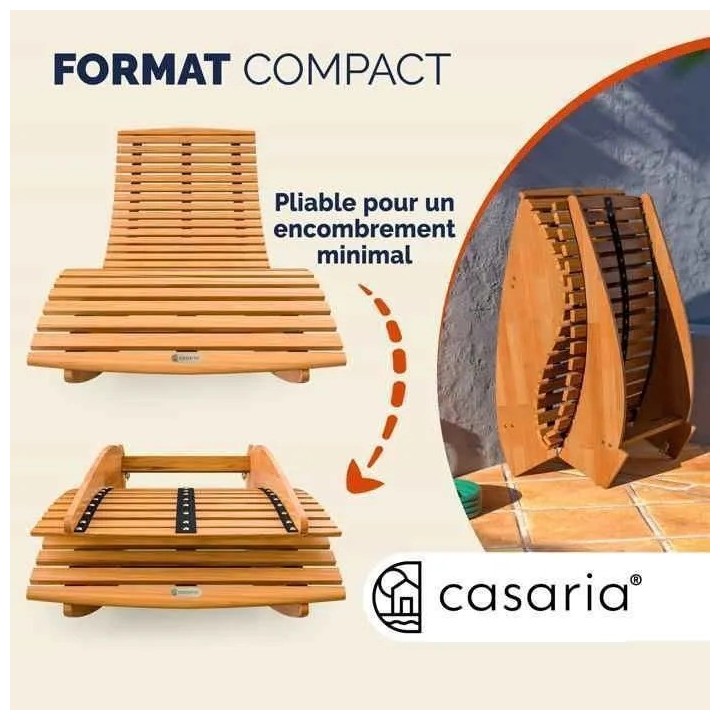 Set de 2x Chaise Longue CASARIA® à Bascule pliable en Bois d'acacia certifié FSC Transat Ergonomique Bain de Soleil