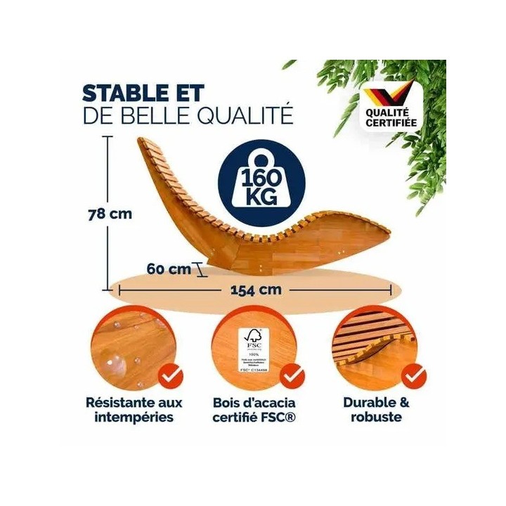Set de 2x Chaise Longue CASARIA® à Bascule pliable en Bois d'acacia certifié FSC Transat Ergonomique Bain de Soleil