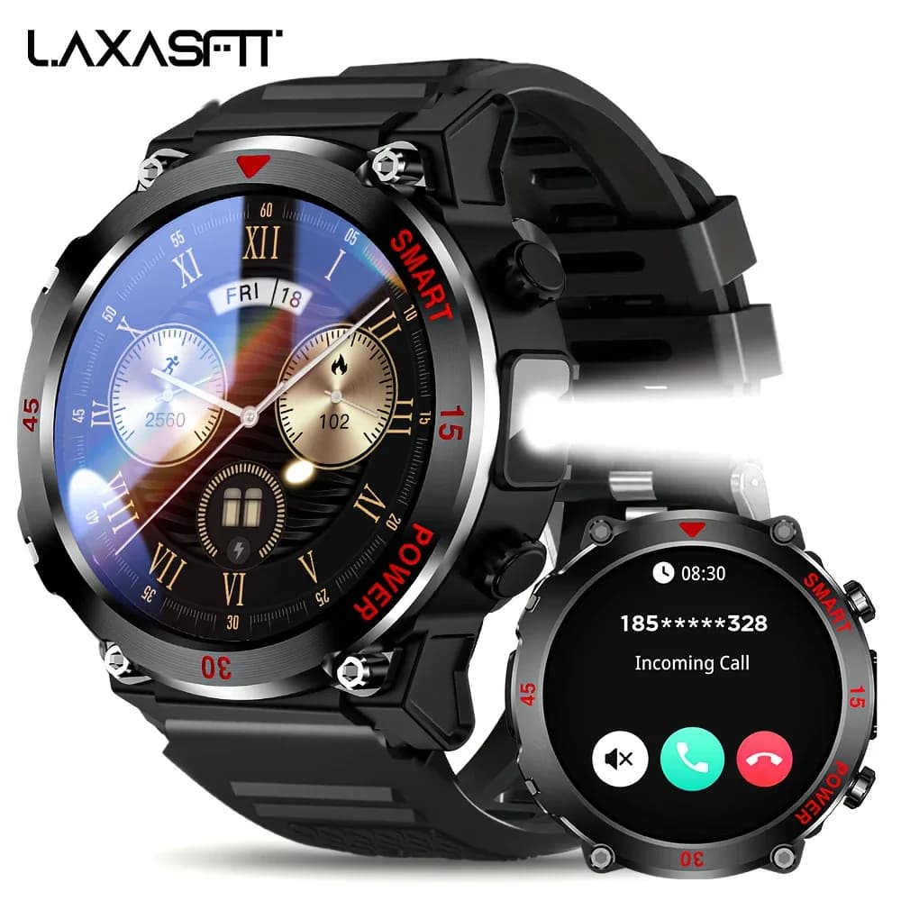 Montre connectée LAXASFIT avec écran rond HD de 1,52 pouces, lampe de poche, sports de plein air, appels Bluetooth, moniteur de fréquence cardiaque, charge magnétique