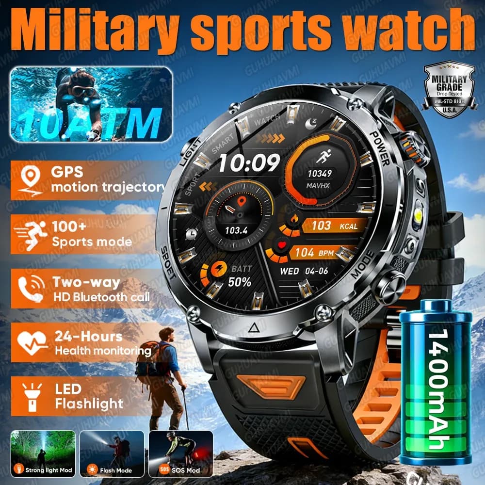 Nouvelle montre connectée militaire TANK Ultra 2026 avec batterie 1400 mAh, étanche 10 ATM, moniteur de fréquence cardiaque, lampe torche LED tactique, bracelet de sport pour homme