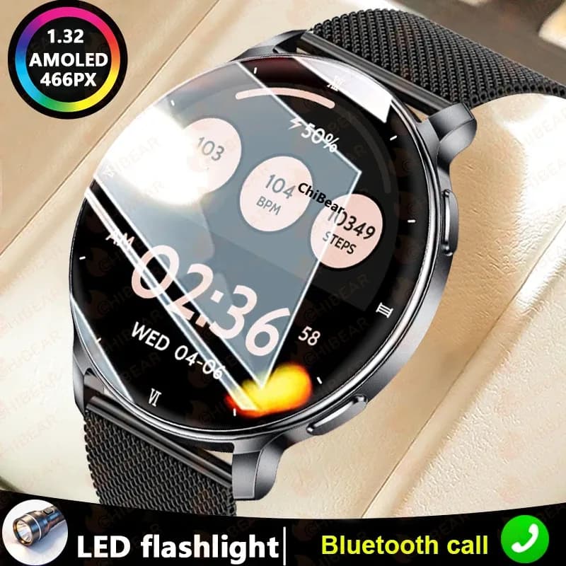Nouvelle montre connectée AMOLED 1,32 pouces 2026 pour homme, résolution 466*466, appels Bluetooth, lampe torche LED, suivi d'activité, montre intelligente pour hommes et femmes