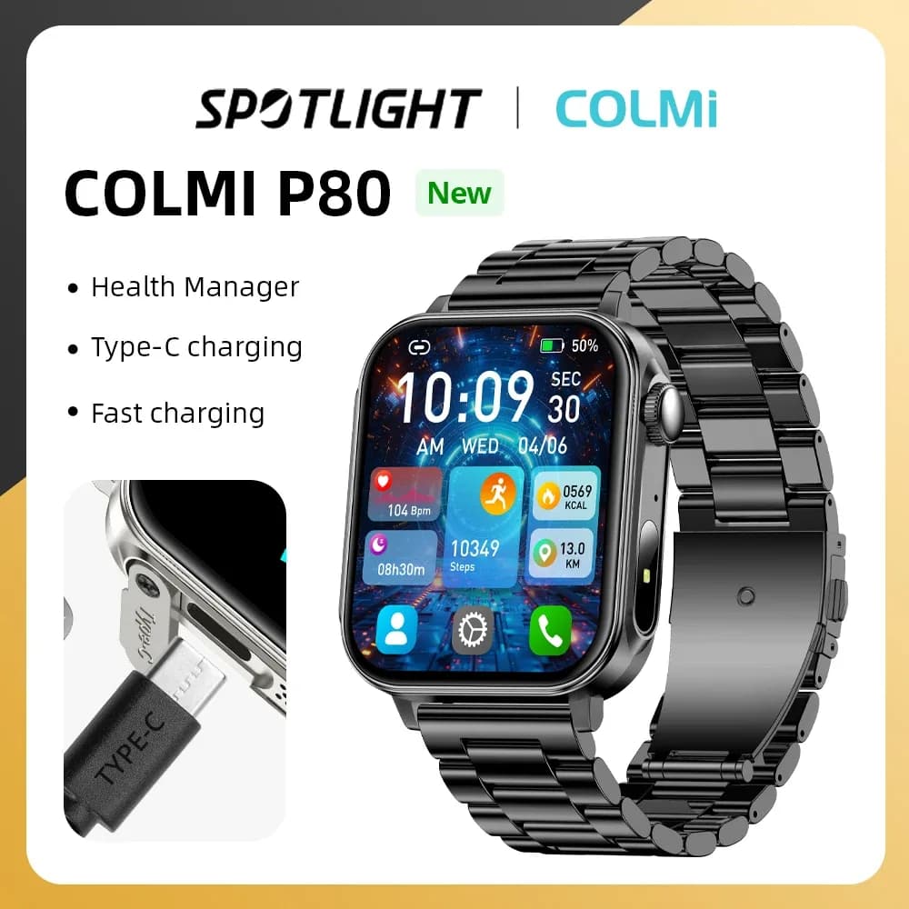 COLMI P80 type-c Smartwatch hommes femmes gestionnaire de santé Bluetooth appel IP67 étanche lampe de poche montre intelligente pour téléphone Xiaomi iOS