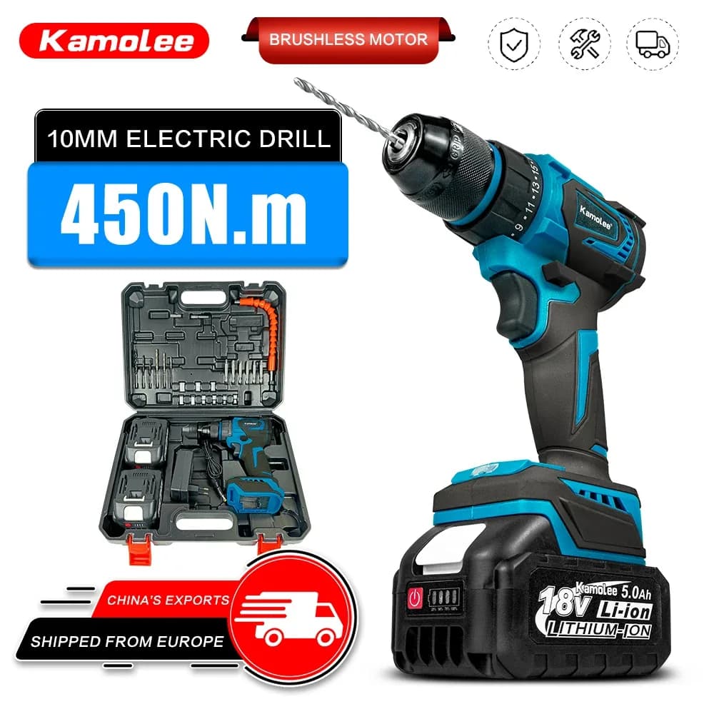 Kamolee Perceuse sans fil 10MM, perceuse sans balais 18V pour bricolage domestique, tournevis électrique portable, kit d'outils
