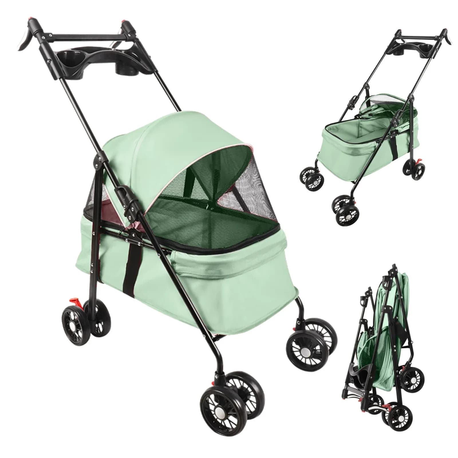 Poussette pliable 2-en-1 pour chien et chat avec panier amovible, poussette de voyage pour animaux de compagnie jusqu'à 10 kg, acier, 50 x 70 x 95 cm
