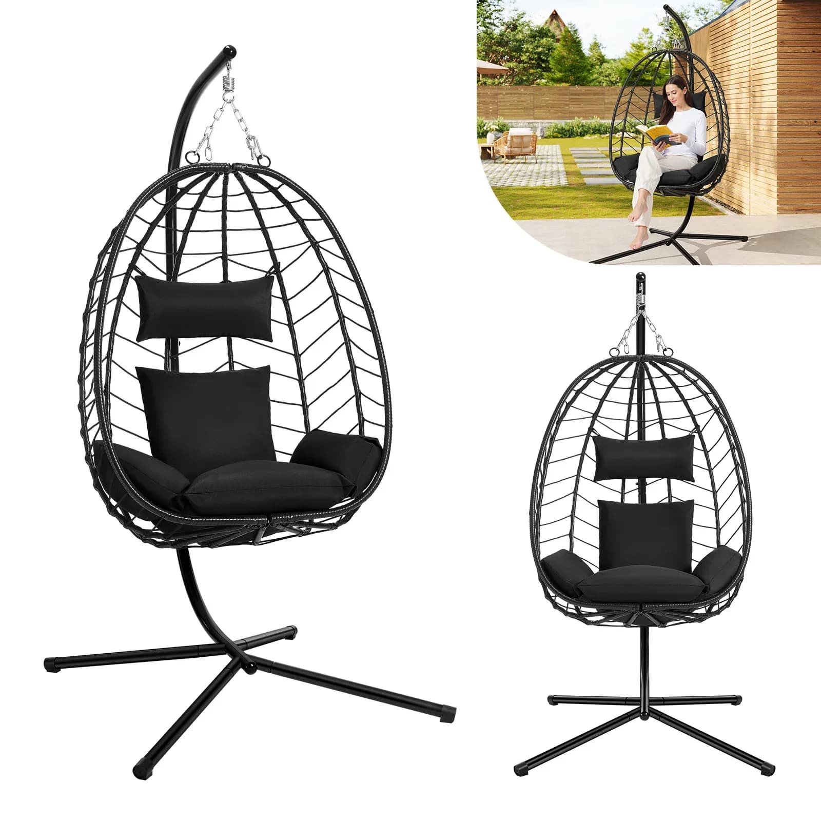 Fauteuil suspendu EUGAD, hamac balançoire avec support métallique, coussin de siège, appui-tête, capacité de charge 150 kg, pour jardin, balcon, terrasse, décoration