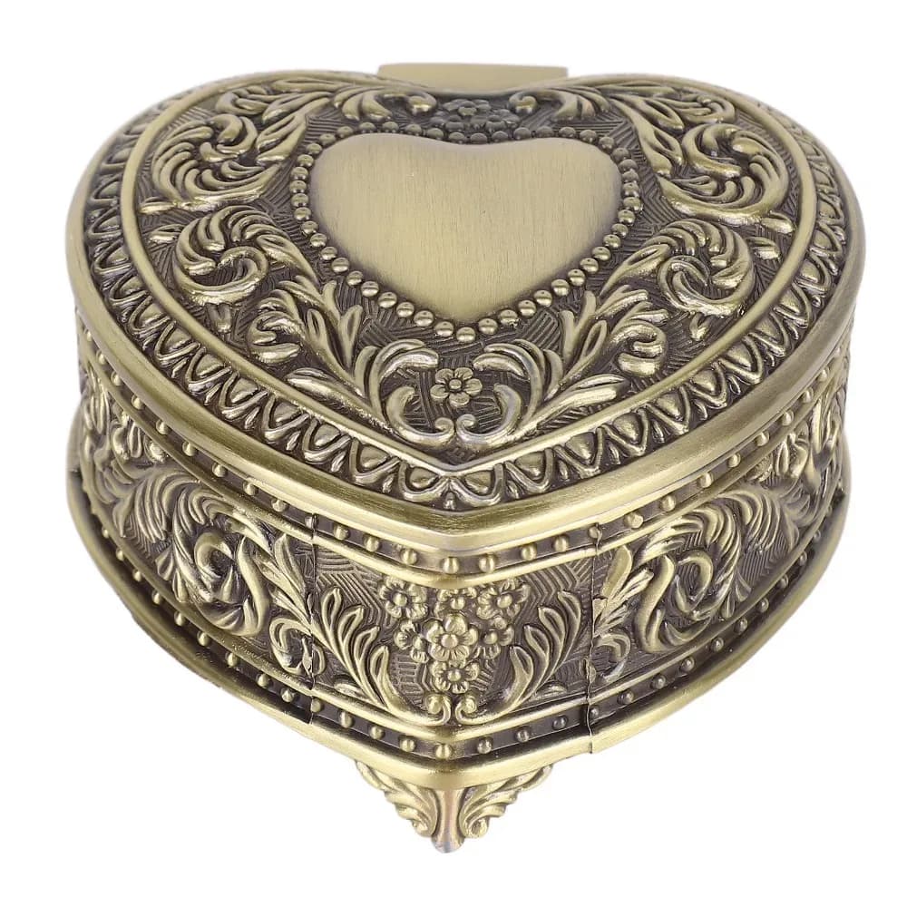 Nouvelle boîte à bijoux vintage en forme de cœur, boîte de rangement pour bibelots en alliage de zinc et bronze, boîte à bagues et boucles d'oreilles en forme de cœur avec motif floral en relief, rangement pour bijoux