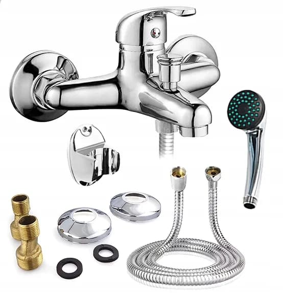 Ensemble mitigeur mural chromé avec douchette, flexible et support de douche W0774v2