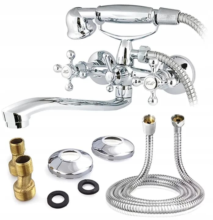 Mitigeur baignoire-douche mural W0771 chromé, bec orientable long, avec douchette