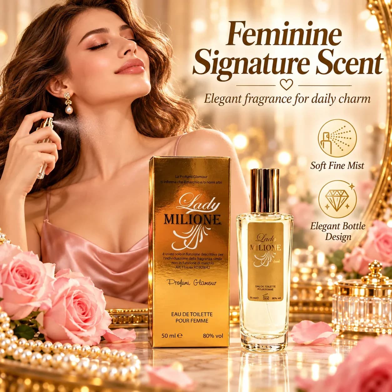 Parfum féminin glamour, eau de toilette, arôme doré sophistiqué, fragrance chic pour les soirées, les fêtes, les rendez-vous, les voyages et les moments de cadeau