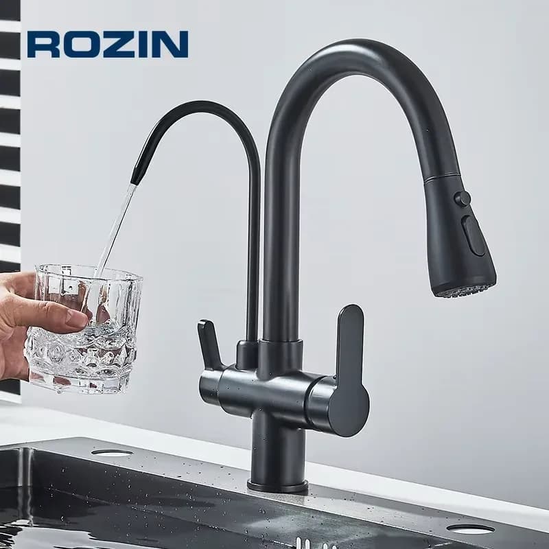 Robinet de cuisine purificateur d'eau noir, filtre rotatif à 360°, douchette extractible, mitigeur 3 voies eau chaude et froide