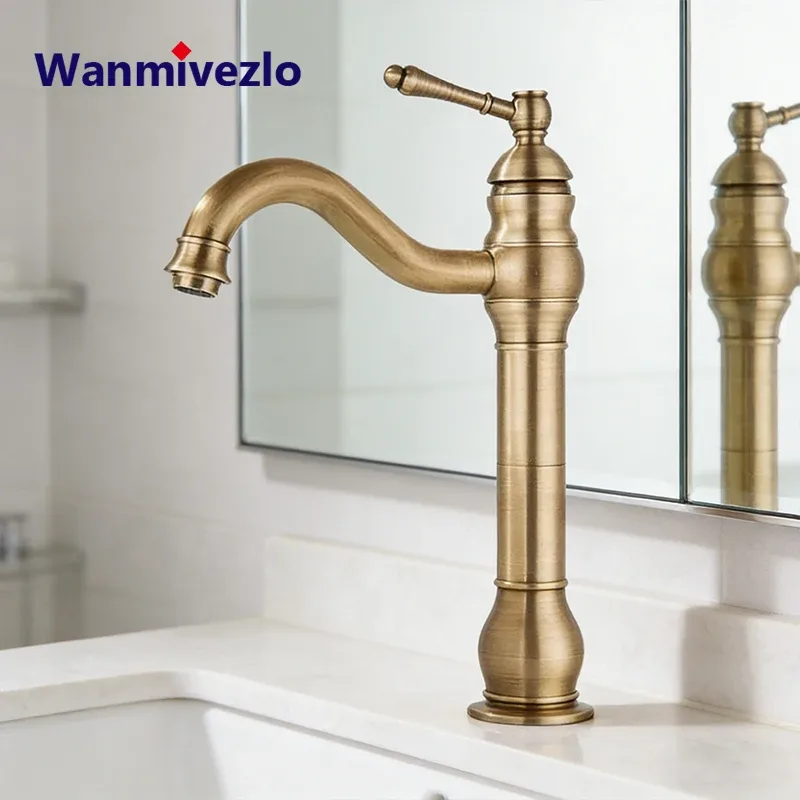 Robinet de salle de bain, 360 ° Robinet de lavabo pivotant à poignée unique, mitigeur de lavabo haut en laiton antique pour salle de bain