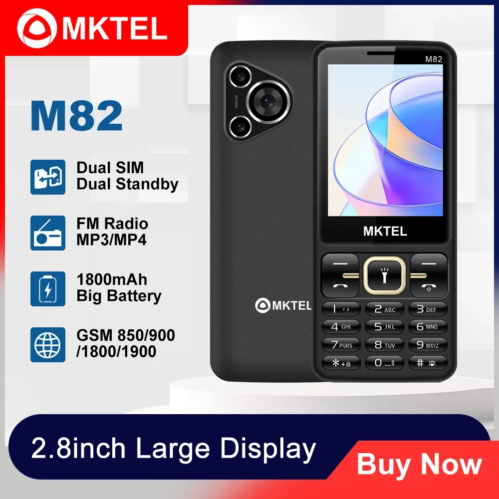 Téléphone à gros boutons MKTEL M82, double SIM, écran 2,8 pouces, batterie 1800 mAh, radio FM, lecteur MP3, téléphone portable à gros clavier, téléphone de base