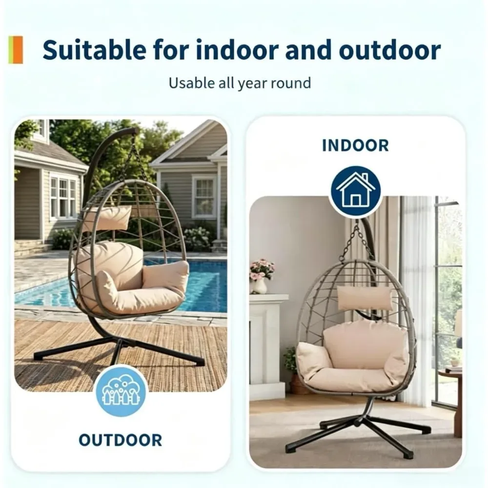 Fauteuil suspendu pliant en osier Garvee pour adultes, ensemble complet avec structure métallique et housse de protection imperméable, fauteuil œuf rembourré en polyester pour intérieur et extérieur, pour patio, chambre, balcon, jardin, gris et beige en option