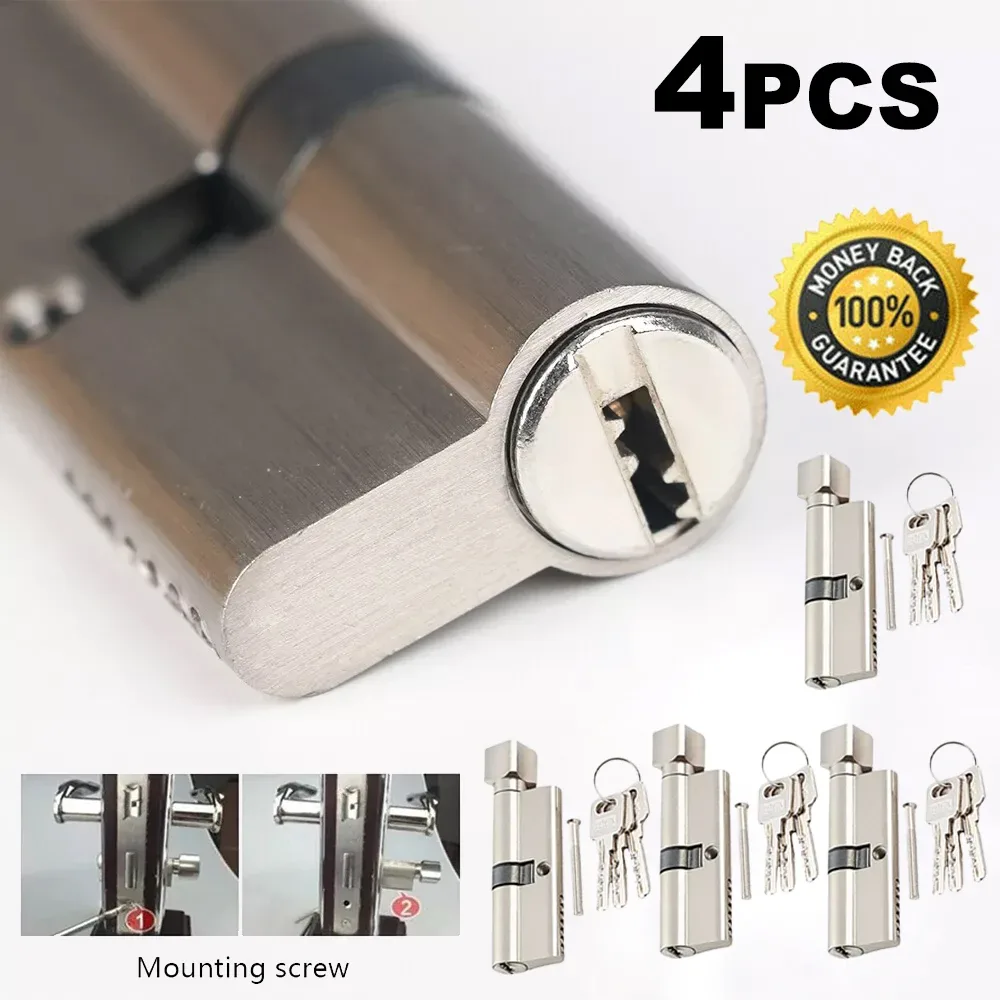 Lot de 4 cylindres de serrure à ouverture simple, 70 mm, corps de serrure en métal pour porte avec clés, cylindre de serrure de remplacement argenté pour porte d’entrée, serrure de sécurité durable, facile à installer, corps de serrure en métal argenté pour porte avec clés, cylindre de serrure de remplacement pour kit de sécurité domestique.