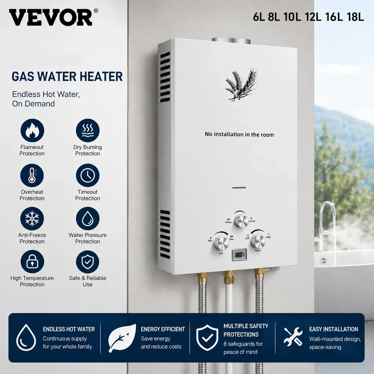 Chauffe-eau au gaz de pétrole liquéfié VEVOR 6L 8L 10L 12L 16L 18L, propane butane, blanc