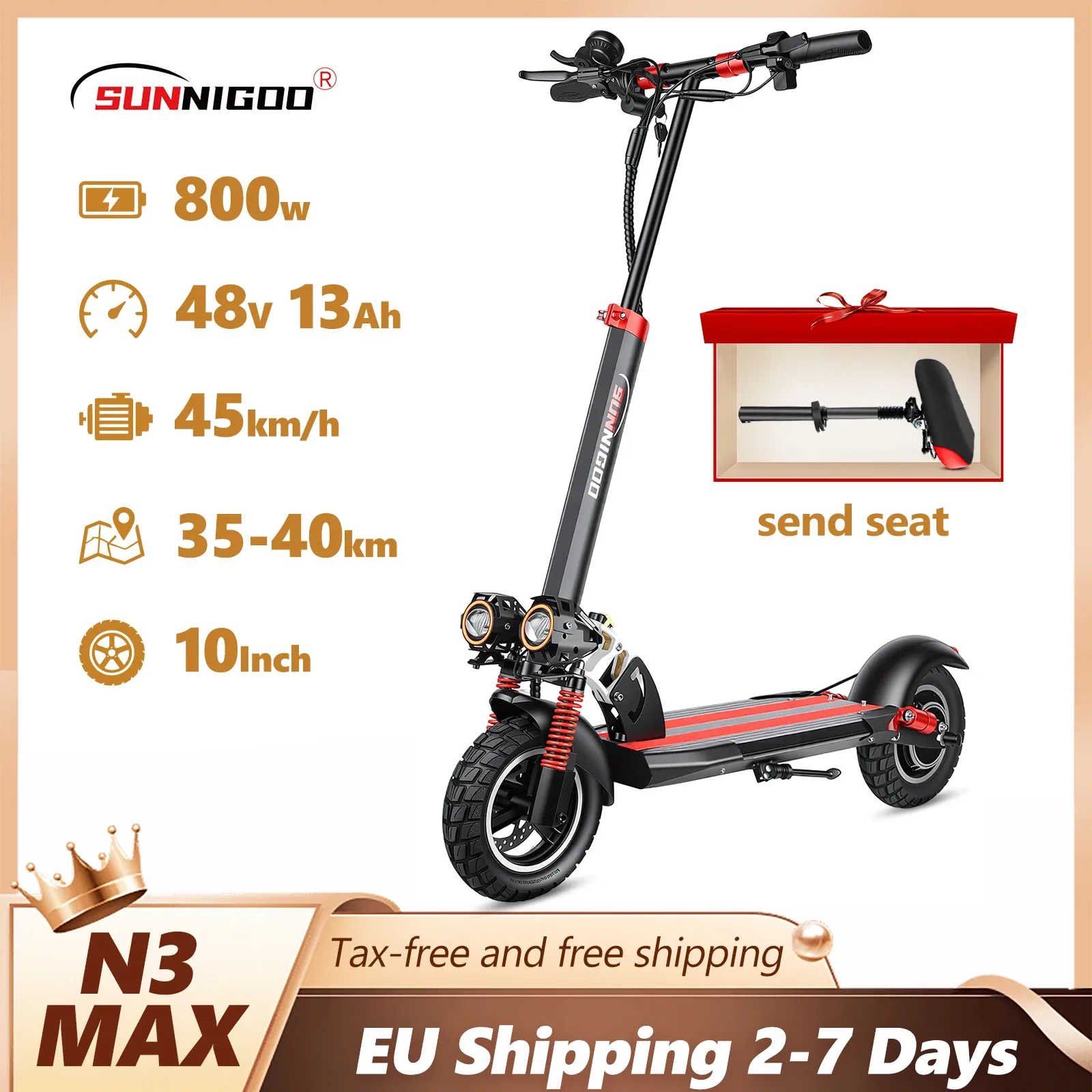 Trottinette électrique SUNNIGOO pour adulte, 10 pouces, tout-terrain, vitesse maximale Trottinette électrique pliable rapide 45 km/h, autonomie de 40 km pour les trajets quotidiens