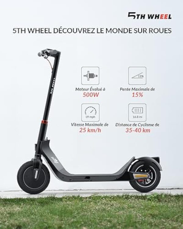 5TH WHEEL G1PRO Trottinette Électrique, Trottinette Electrique Adulte Autonomie 40km,10'' Pneu, Système de Pliage Caché, Moteur 500W, Max 120kg, APP Control, Scooter Électrique Voyage Portatif – Image 3