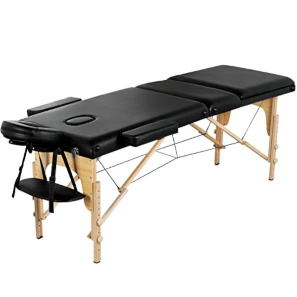 Abician Table de Massage Pliante Réglable en 8 Hauteurs Table de Massage Portable 3 Sections Pieds en Bois Massif Dossier Têtière Repose-Bras Hamac 213 x 82 x 85,5 cm Noir