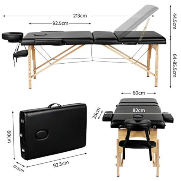 Abician Table de Massage Pliante Réglable en 8 Hauteurs Table de Massage Portable 3 Sections Pieds en Bois Massif Dossier Têtière Repose-Bras Hamac 213 x 82 x 85,5 cm Noir – Image 3