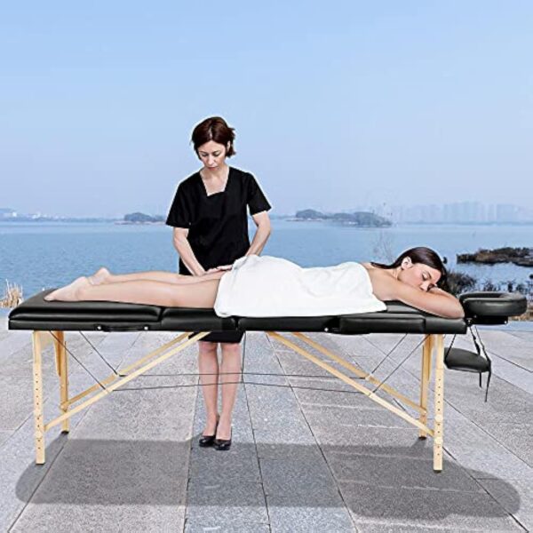 Abician Table de Massage Pliante Réglable en 8 Hauteurs Table de Massage Portable 3 Sections Pieds en Bois Massif Dossier Têtière Repose-Bras Hamac 213 x 82 x 85,5 cm Noir – Image 4