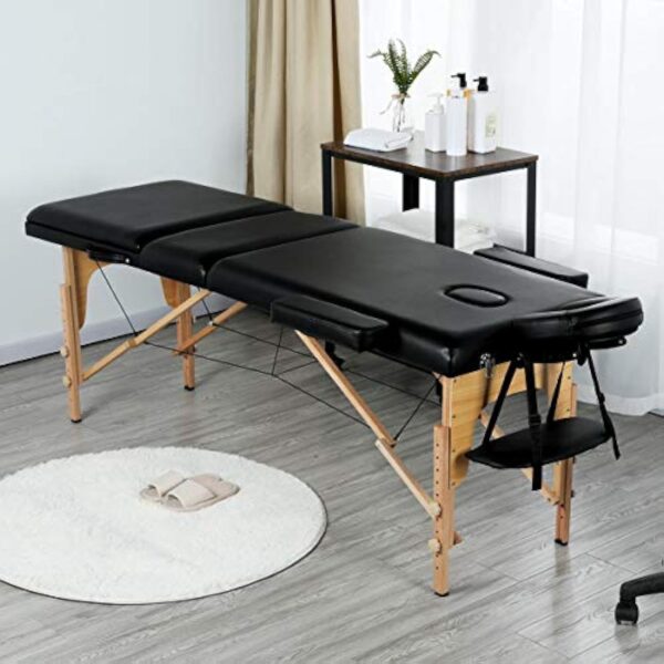 Abician Table de Massage Pliante Réglable en 8 Hauteurs Table de Massage Portable 3 Sections Pieds en Bois Massif Dossier Têtière Repose-Bras Hamac 213 x 82 x 85,5 cm Noir – Image 5
