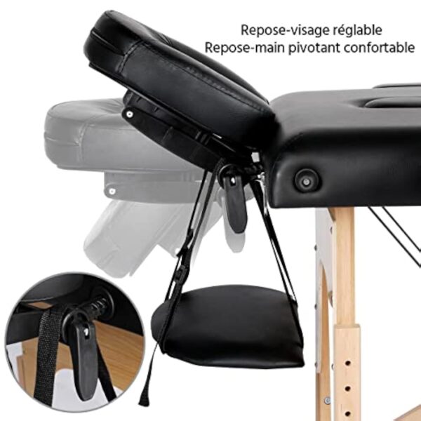 Abician Table de Massage Pliante Réglable en 8 Hauteurs Table de Massage Portable 3 Sections Pieds en Bois Massif Dossier Têtière Repose-Bras Hamac 213 x 82 x 85,5 cm Noir – Image 7