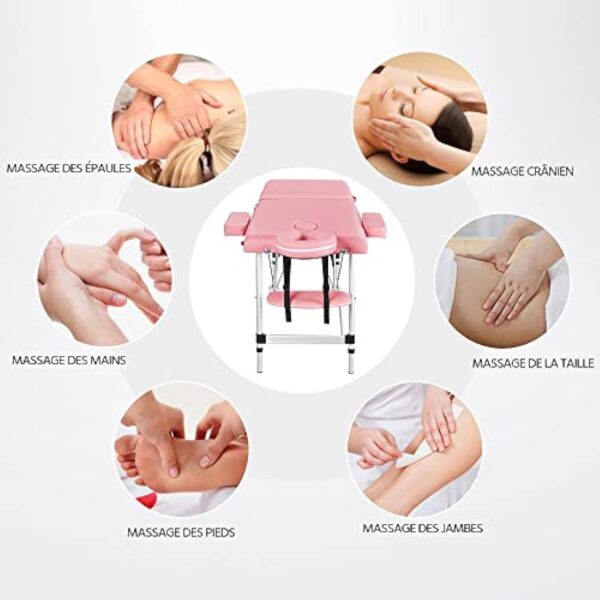 Abician Table de Massage Pliante Réglable en 8 Hauteurs Table de Massage Portable 3 Sections Pieds en Bois Massif Dossier Têtière Repose-Bras Hamac 213 x 82 x 85,5 cm Noir – Image 9