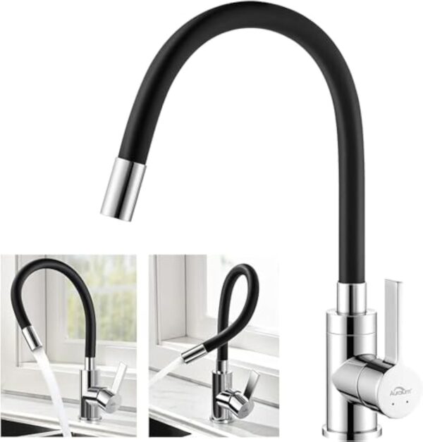 Auralum Robinet de Cuisine Flexible Bec Haut Orientable Librement Mitigeur Évier Flexible Laiton Chromé et Noir Robinet Evier Monotrou à Eau Chaude et Froide