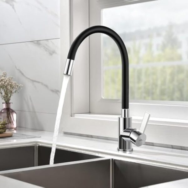 Auralum Robinet de Cuisine Flexible Bec Haut Orientable Librement Mitigeur Évier Flexible Laiton Chromé et Noir Robinet Evier Monotrou à Eau Chaude et Froide – Image 3