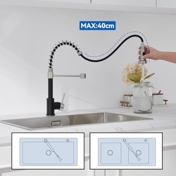 Auralum Robinet Cuisine Douchette Extractible avec 2 Modes de Pulvérisation, Mitigeur Cuisine Rotatif à 360°, Froid & Chaud Disponible, Robinetterie de Cuisine en Acier Inoxydable, Noir – Image 3