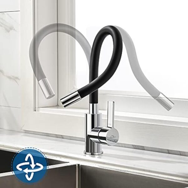 Auralum Robinet de Cuisine Flexible Bec Haut Orientable Librement Mitigeur Évier Flexible Laiton Chromé et Noir Robinet Evier Monotrou à Eau Chaude et Froide – Image 4