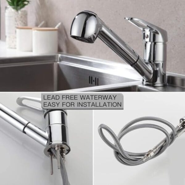 Auralum Robinet Cuisine avec Douchette Extractible 2 Jets Mitigeur Evier en Laiton Chromé Pivotant 360° Robinetterie Monotrou Eau Froide et Chaude – Image 5
