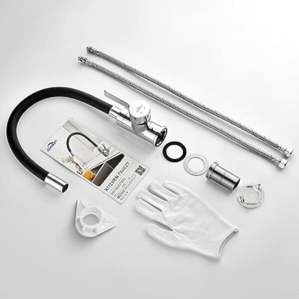Auralum Robinet de Cuisine Flexible Bec Haut Orientable Librement Mitigeur Évier Flexible Laiton Chromé et Noir Robinet Evier Monotrou à Eau Chaude et Froide – Image 6