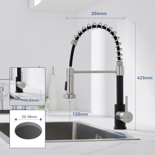 Auralum Robinet Cuisine Douchette Extractible avec 2 Modes de Pulvérisation, Mitigeur Cuisine Rotatif à 360°, Froid & Chaud Disponible, Robinetterie de Cuisine en Acier Inoxydable, Noir – Image 6