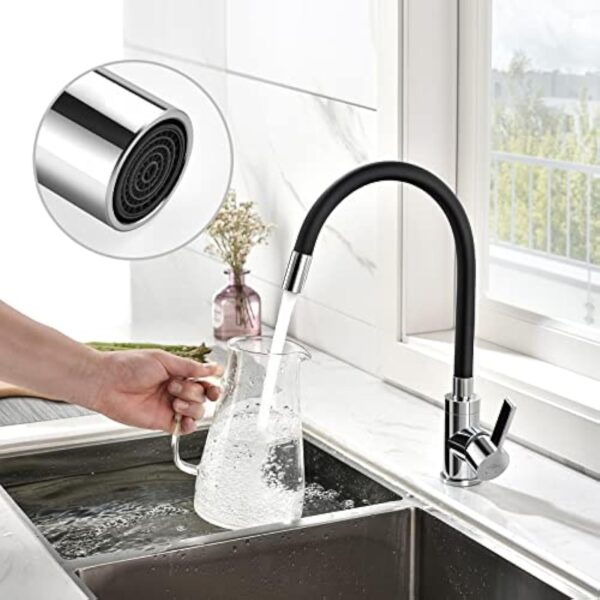 Auralum Robinet de Cuisine Flexible Bec Haut Orientable Librement Mitigeur Évier Flexible Laiton Chromé et Noir Robinet Evier Monotrou à Eau Chaude et Froide – Image 7
