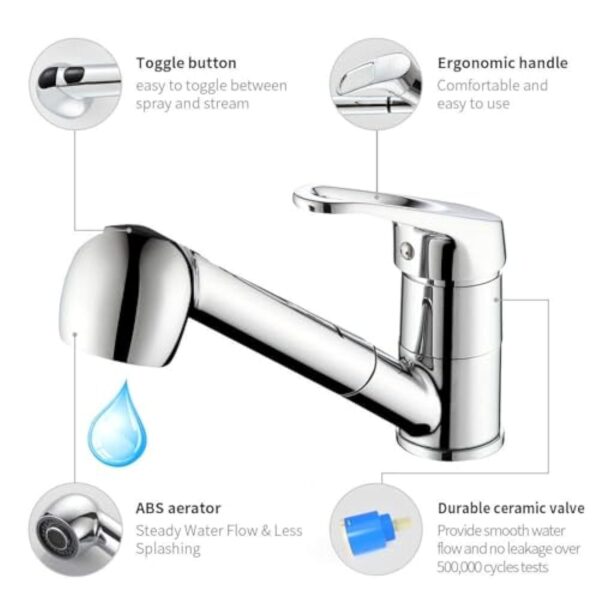 Auralum Robinet Cuisine avec Douchette Extractible 2 Jets Mitigeur Evier en Laiton Chromé Pivotant 360° Robinetterie Monotrou Eau Froide et Chaude – Image 8