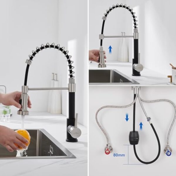 Auralum Robinet Cuisine Douchette Extractible avec 2 Modes de Pulvérisation, Mitigeur Cuisine Rotatif à 360°, Froid & Chaud Disponible, Robinetterie de Cuisine en Acier Inoxydable, Noir – Image 9