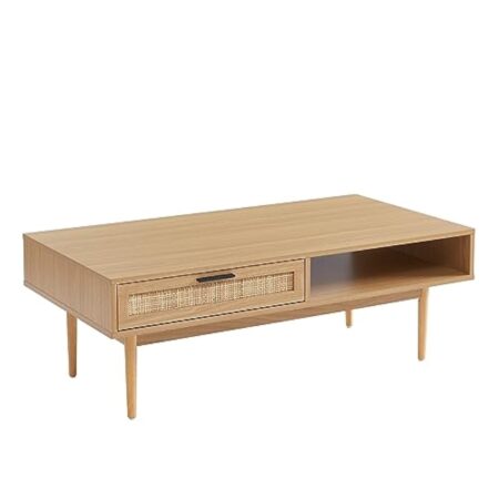 BAÏTA Table Basse Amana Effet chêne et cannage en rotin 2 tiroirs